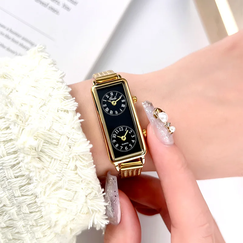 CQ549 New Leisure Creative Dual Movement Women's Watch Retro Rectangular Dual Time Zone Quartz Watch Light Luxury Clock Gift view 5