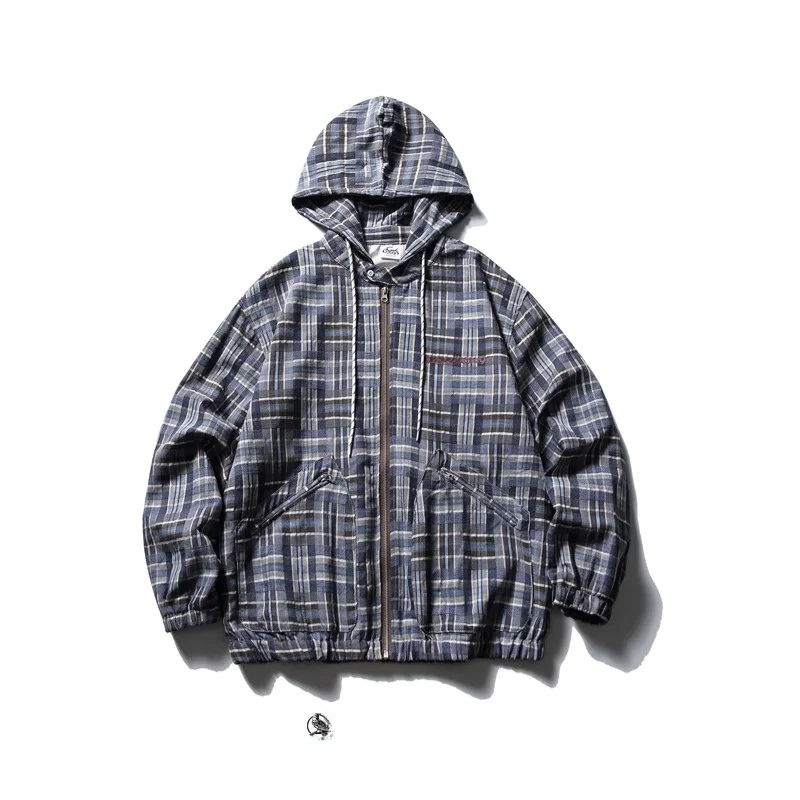 

Spring Autumn Plaid Hooded Zipper Jaet Men's American Retro Casual Loose Cotton Youth Faion Elastic Hem Long Sve Coat