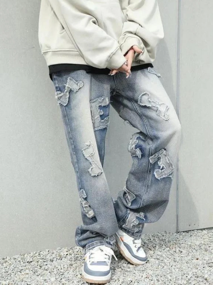 Jeans Women Letter Patch Design Stylish European Style College Streetwear Loose High Waist Spring Vintage Unisex Trousers Youth