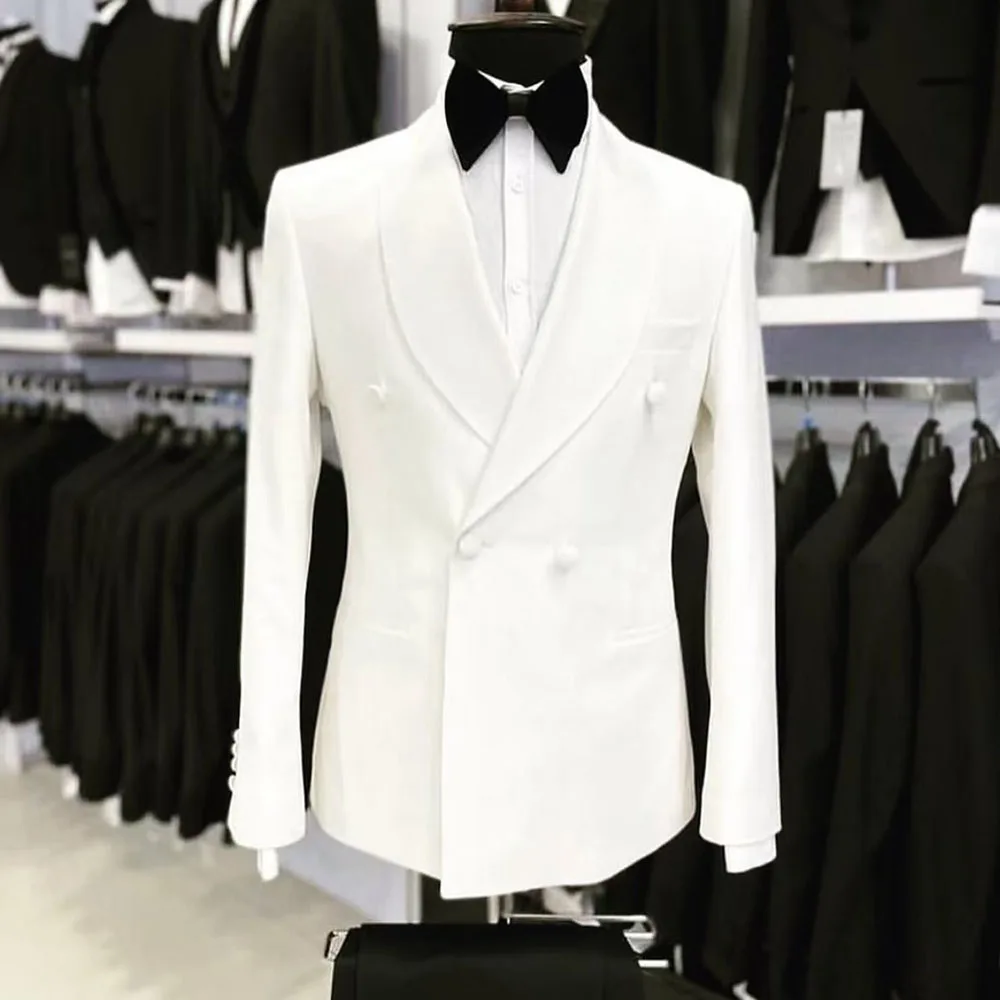 

Luxury Weeding Men Suits Double Breasted Shawl Lapel Regular Length Custom Made 2 Piece White Jacket Black Pants Costume Homme