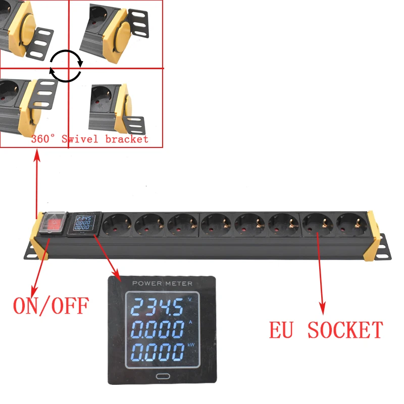 360 Swivel bracket PDU Power Strip ammeter 16A Power Distribution Unit EU plug Outlet Socket 2m Extension Cord