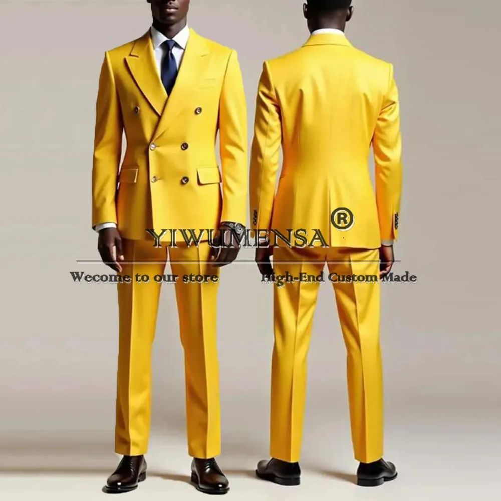

Bright Yellow Wedding Tuxedos 2 Piece Set Jacket Pants Double Breasted Men Suit Peaked Lapel Groom Wear Party Suits Customized