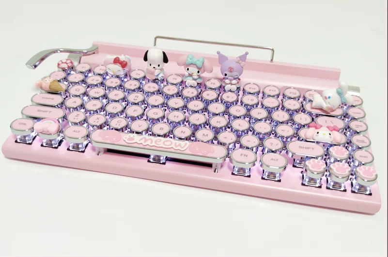 Cartoon Kitty Cat Rabbit pink Bluetooth typewriter keyboard Retro dot 83 key white backlight Wireless wired Mechanical keyboard