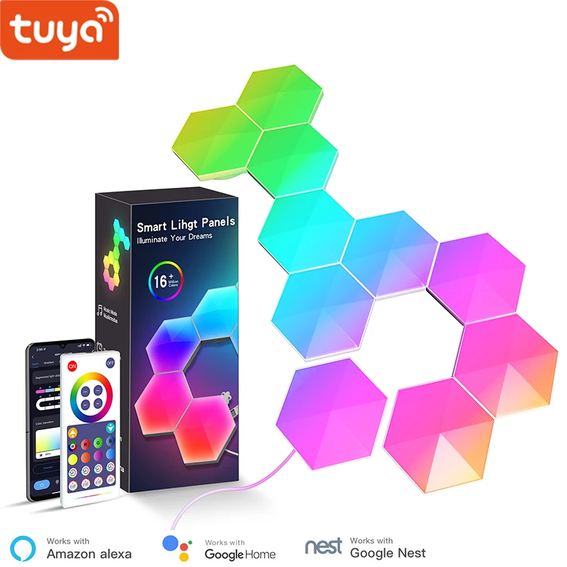 Tuya Smart Life Music Sync Lights ,16M RGB Colors Led Panel DIY Hexagon Splicing Blocks , Alexa Compatible WiFi Smart Lighting