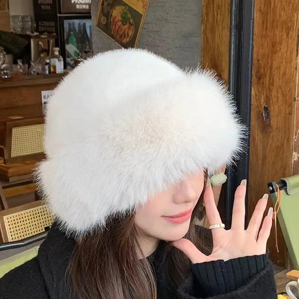 Women Fluffy Bucket Hat Winter Cap Faux Fur Thick Warm Heat Retention Dome Fisherman Hat Outdoor Skiing Cycling Headwear