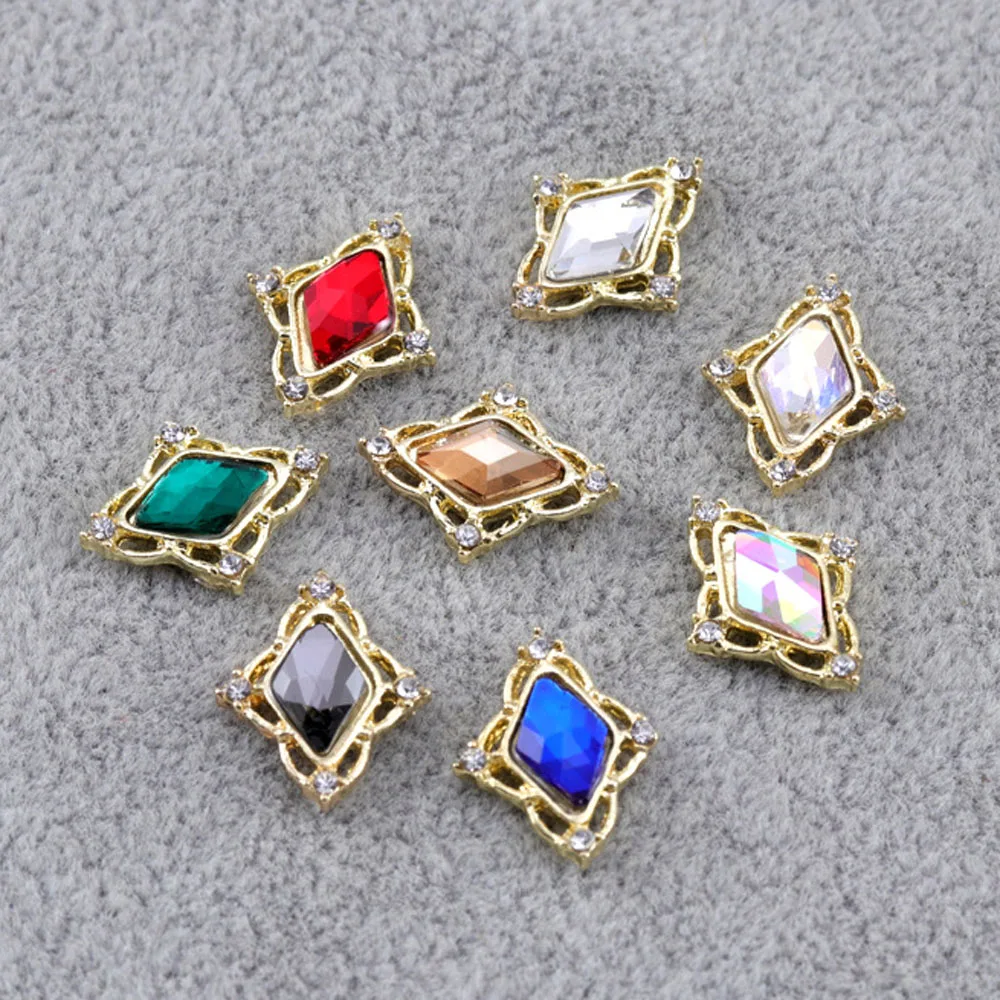 Rhombus คริสตัลเล็บ Art Rhinestones 10 ชิ้น/ถุงที่มีสีสัน Faleback เล็บ Charms AB สี 15*12 มม.เงาโลหะตกแต่ง