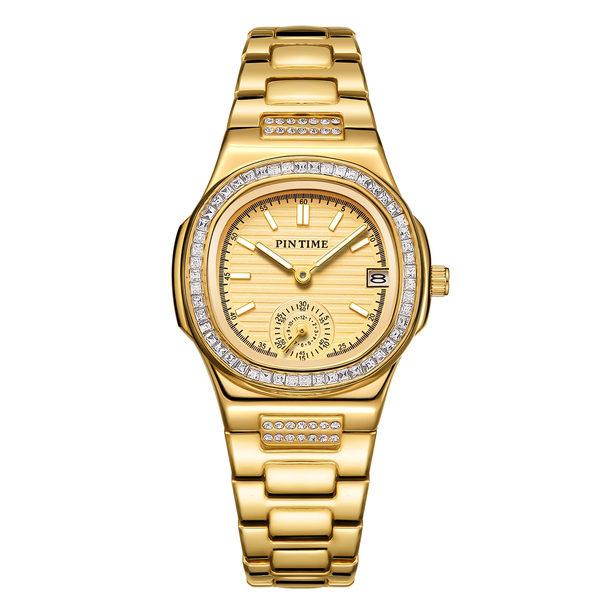 Fashion Women Casual Dress Watch Stainless Steel Baguette Diamond Iced Out Quartz Wrist Watch