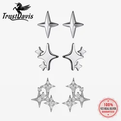 TrustDavis Real 925 Sterling Silver Fashion Sweet Star CZ Stone Charm Stud Earrings For Women Christmas Present Jewelry DA2487