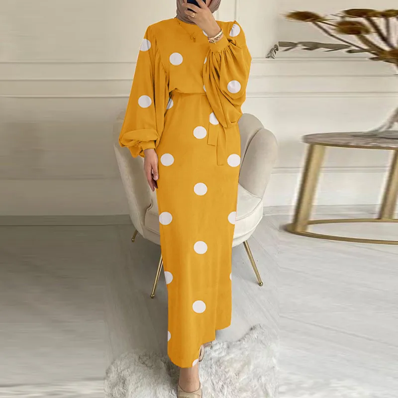 

Vintage Print Polka Dot Sundress for Women Muslim Abaya for Women Long Dress Spring Dubai Turkish Islamic Kaftan Muslim Dress
