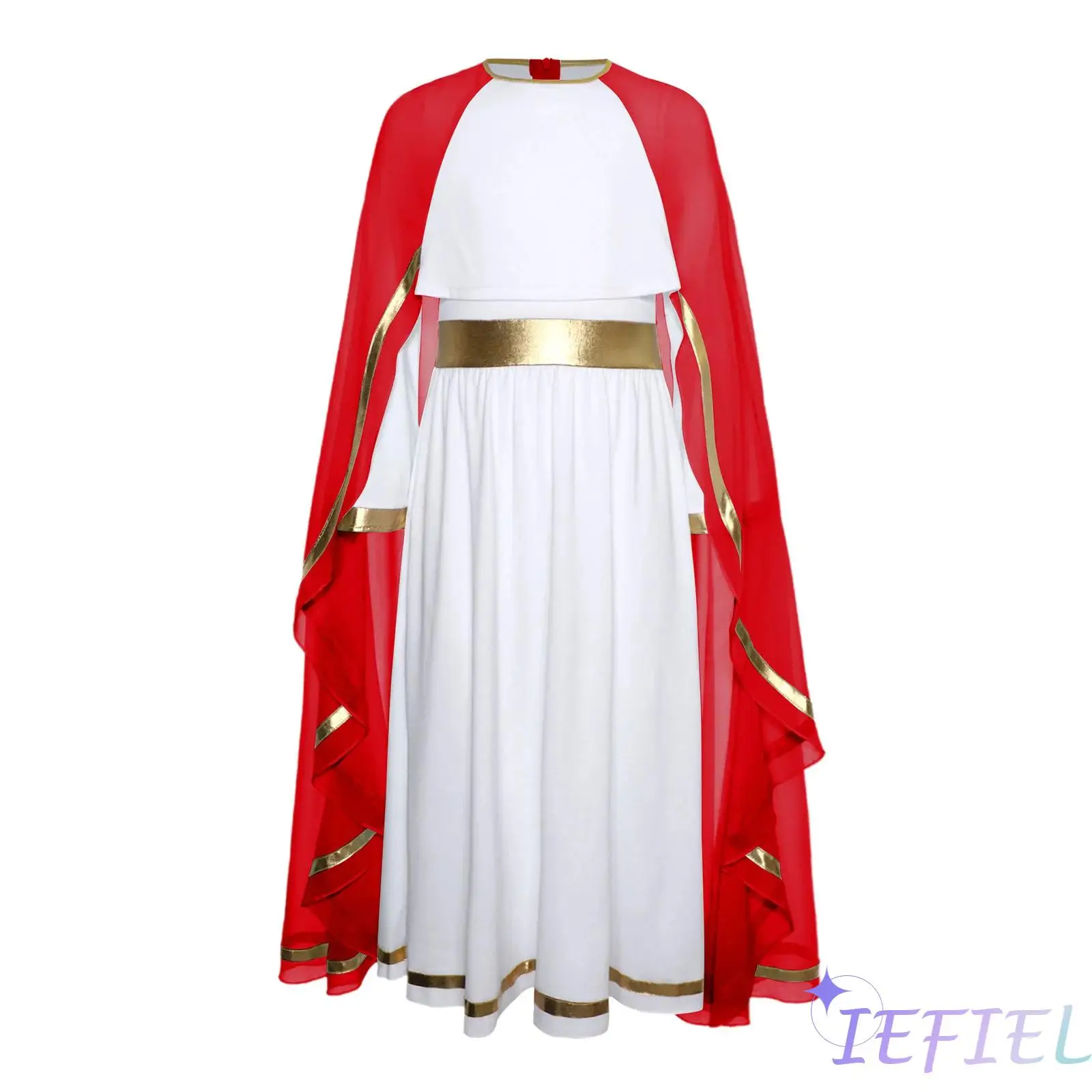 

Halloween Carnival Cosplay Costumes Kids Girls Virgin Mary Role Play Outfit Round Neck Long Sleeve Ruffled Dress with Cape
