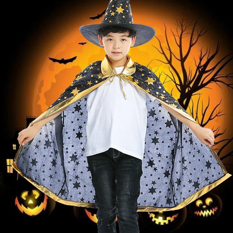 Halloween traje cetim bronzeamento capa com chapéu para crianças meninos feiticeiro e meninas bruxa cosplay festa de halloween 1pc