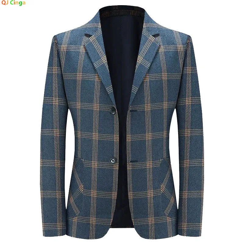 

2026 Новый мужской пиджак в клетку — классический синий пиджак в клетку, приталенное деловое повседневное пальто для офиса, свадьбы, размер M-4XL