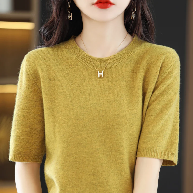 Hot Sale 100% Merino Wool Knit Jumper Women\'s Sweaters And Pullovers Autumn Female O-Neck Clothing Short Sleeve Soft Tops Spring