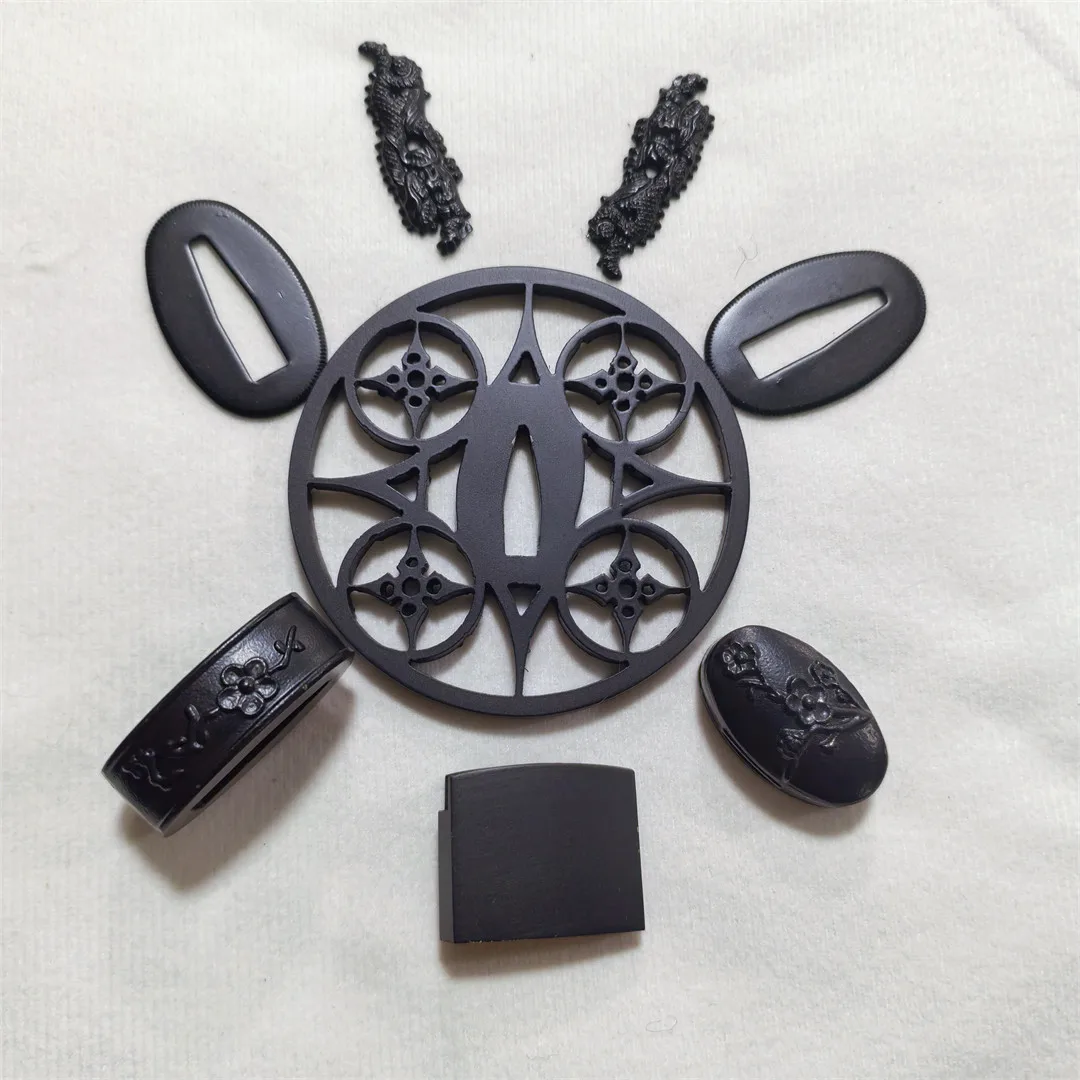 Steel Iron Black Set Tsuba+Menuki+Fuchi+Kashira Fittings F Japanese Samurai Sword Katana Wakizashi Tanto Guard Partas Accessory
