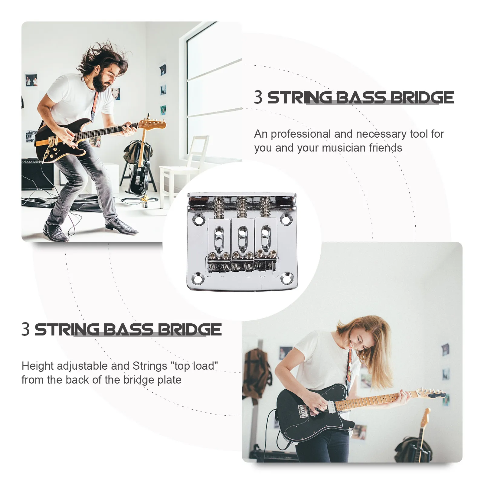 Three String Cigar Box Guitar Bass Bridge Metal Silver Gold 4 Screws Adjustable Height Vintage Style for Jazz