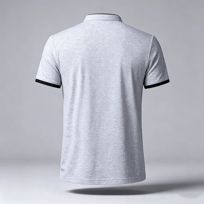 Herren-Poloshirt mit Stehkragen, kurzen Ärmeln, dekorativer Tasche am Kragen, kontrastierenden Ärmelbündchen, weich, knitterarm, für das Büro. – Detail 10