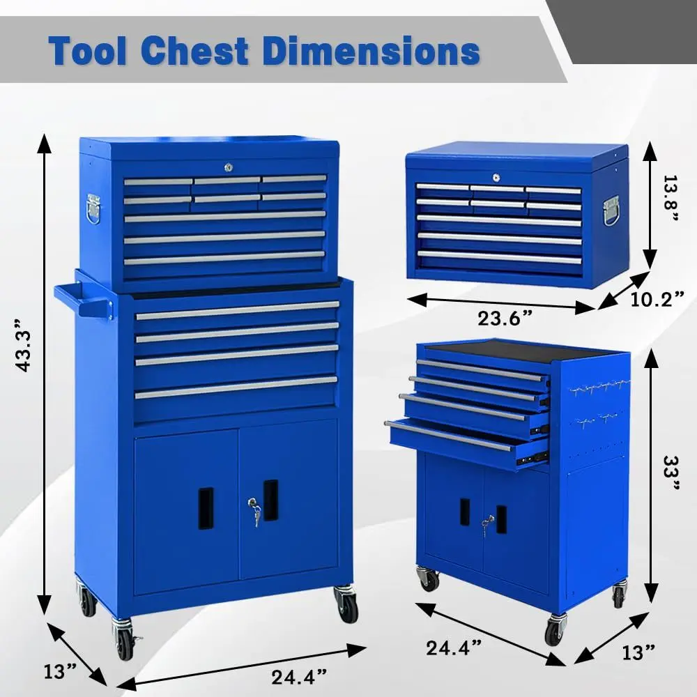 Drawer Rolling Tool Chest with Double Door, 2 in 1 Detachable Tool Box with Lock, Heavy Duty Rolling Tool Cabinet with Wheels a