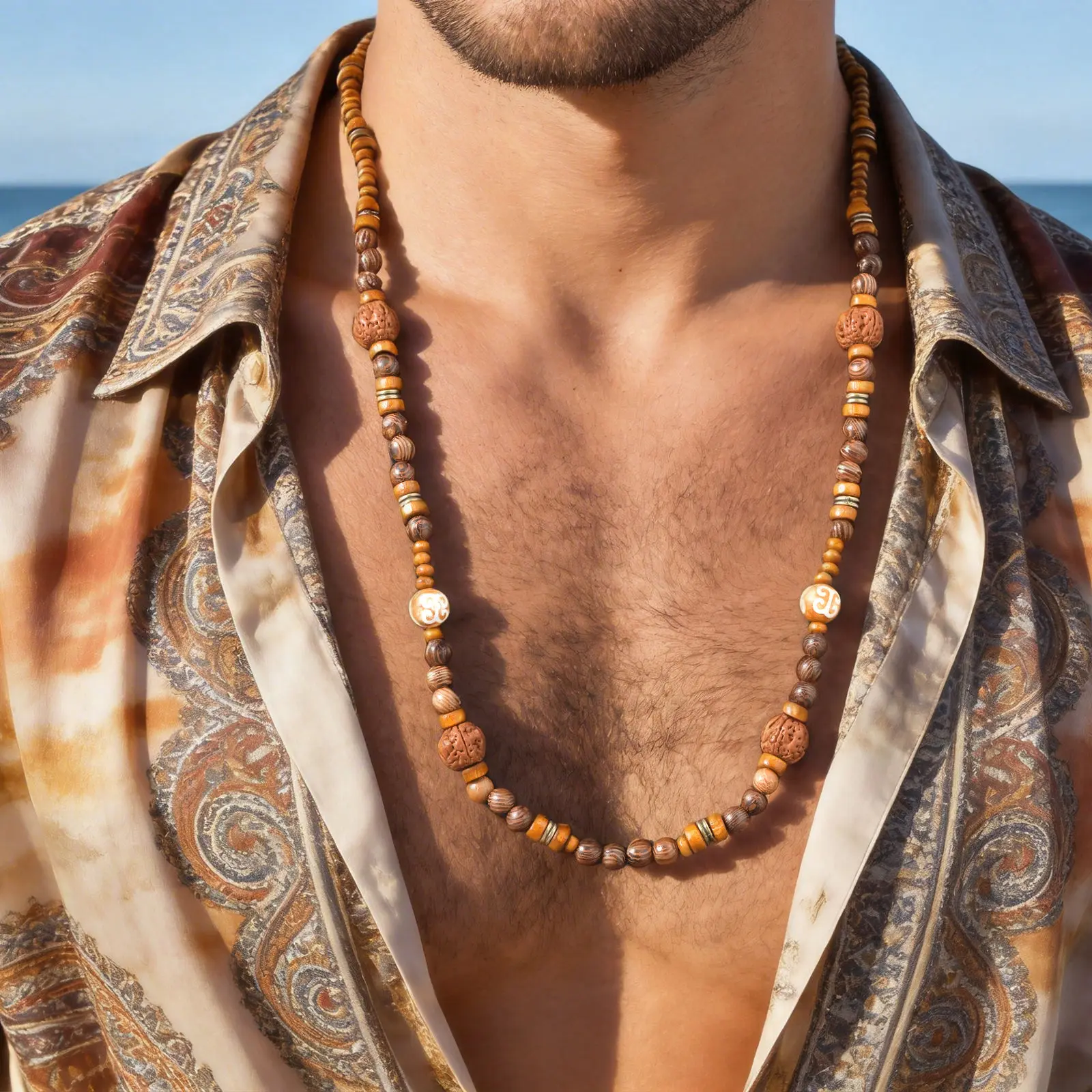 Lange Halskette mit Holzperlen für Herren, Vintage Ethnische Mehrlagige Lange Kette, Sommerlicher Bohemian-Schmuck als Geschenk – Detail 2