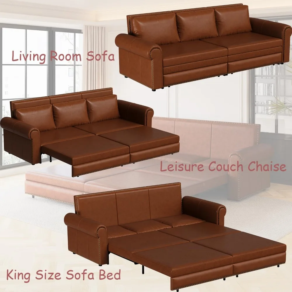 أريكة نوم من الجلد باللون البني الفاتح مقاس 3 مقاعد مع سرير قابل للسحب وميزات قابلة للتحويل 3 في 1 #5