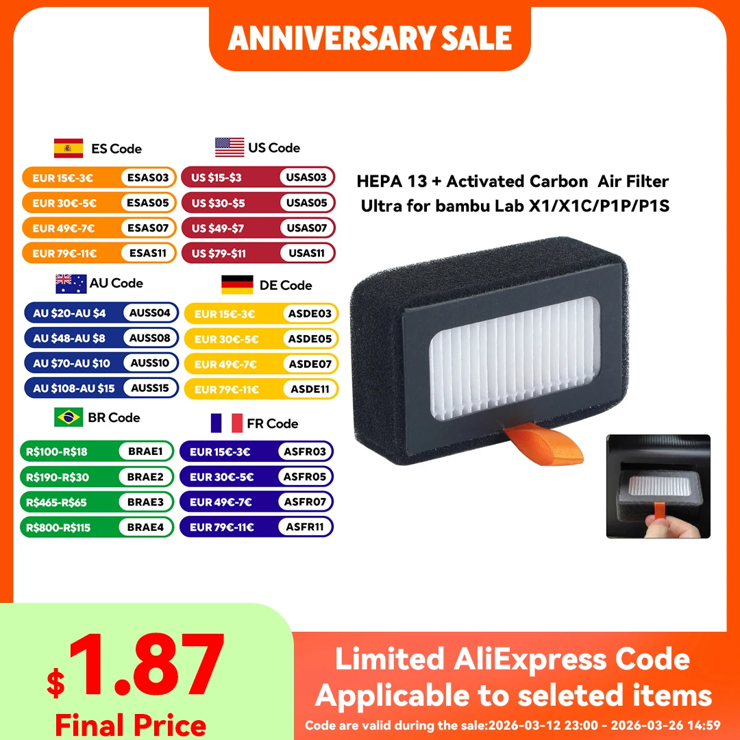 

New HEPA 13 + Activated Carbon Air Filter Ultra For Bambu Lab X1/X1C/P1P/P1S Activated Carbon Layer For 3D Printer Accessories