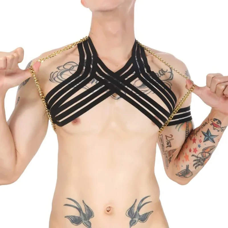 

Men Elastic Strap Chain Chest Harness Exotic Stage Performance Costumes Cosplay Tanks Fetish Sheer Gay Corset Tops Arm Harnais