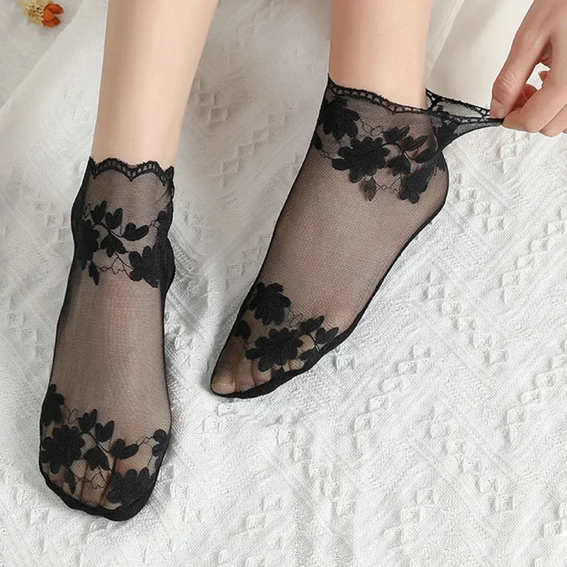 2024 New Socks Women's Lace Transparent Lolita Invisible Summer Thin Non-slip Short  Ankle Black Low Cut Boat Sock 5PCS