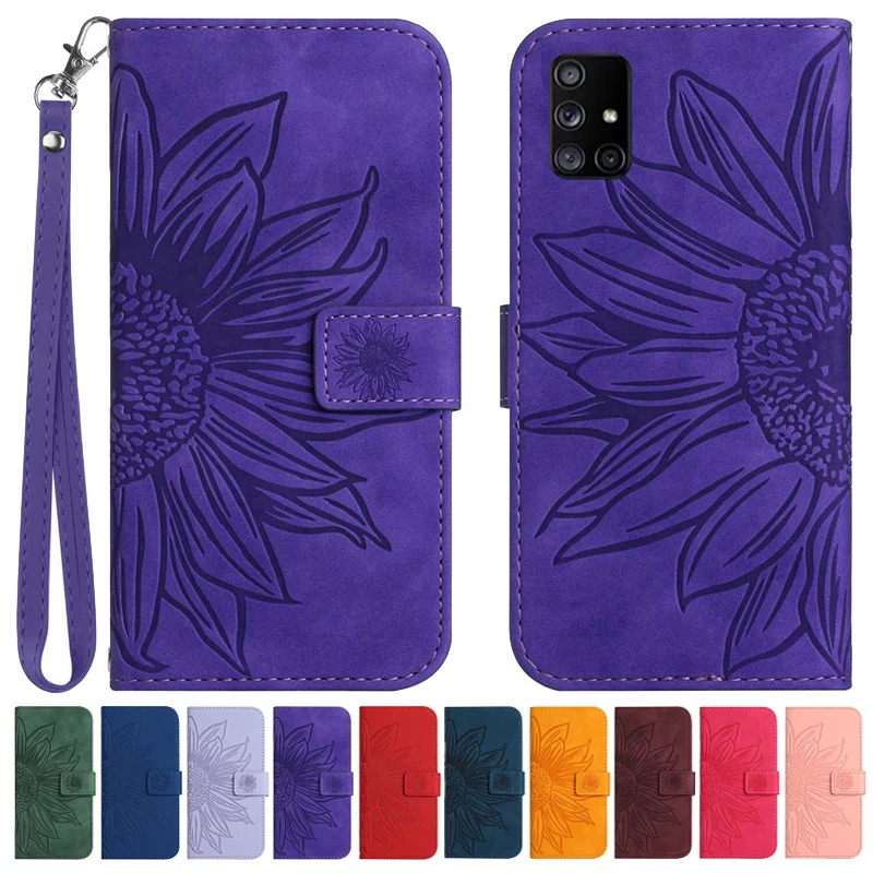 Sun Flower Flip Cover Case on For Samsung Galaxy A51 A81 A71 A91 A41 A21s A01 A21 A515F A 51 Leather Cases Pattern Phone Shell