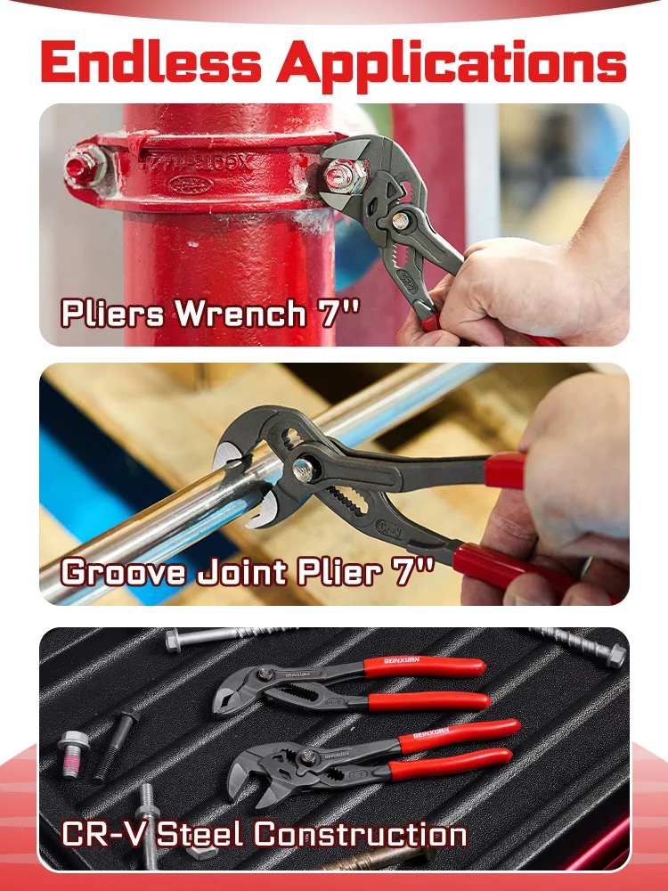 7-Zoll-Groove-Joint-Zange mit Knopfverstellung, 1,5 Zoll maximale Kapazität, CR-V-Stahl, parallele Backen für Sanitärarbeiten