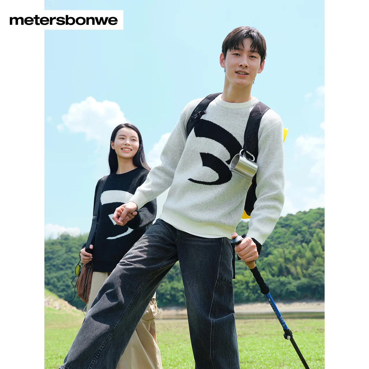 

Metersbonwe-Men Women's Crewneck Color Clash Jacquard Sweater Loose Long Sleeve Jumper Campus Soft Warm Wear Winter