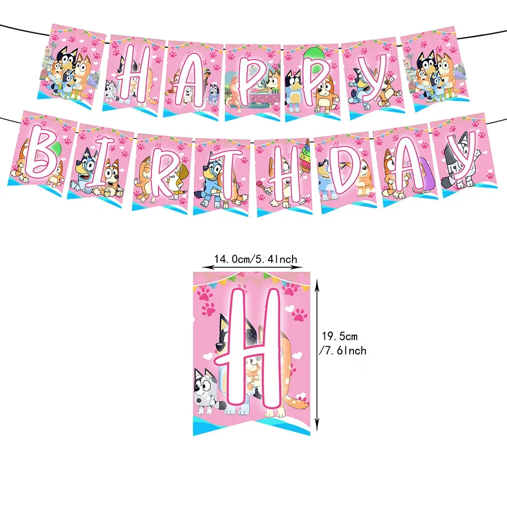 Pink Cartoon Bluey family Dog Birthday Party Supply Disposable Banner Cake Topper Hanging Flag Balloons Set Birthday Decorations