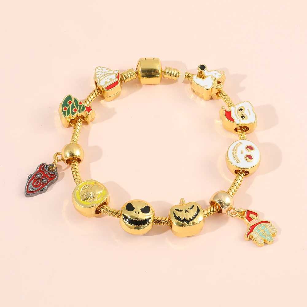 The Nightmare Before Christmas Bracelet Jack Skellington Gold Color Beads Bangle Disnes Charms Bracelet for Women Jewelry Gifts