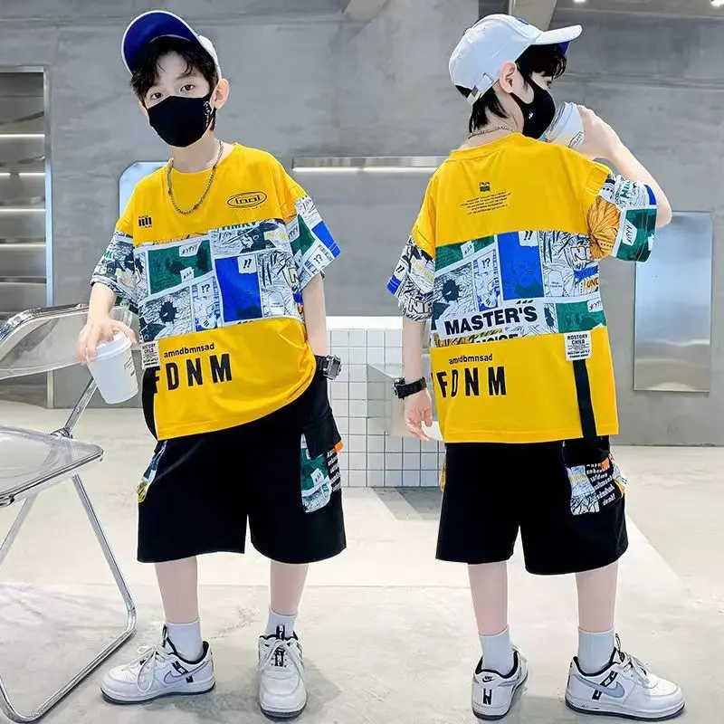 2024 summer Teenager Boys Clothes Casual Outfit Kids Tracksuit Child cartoon loose t shirt + shorts hot pant 4 7 8 10 12 11 Year