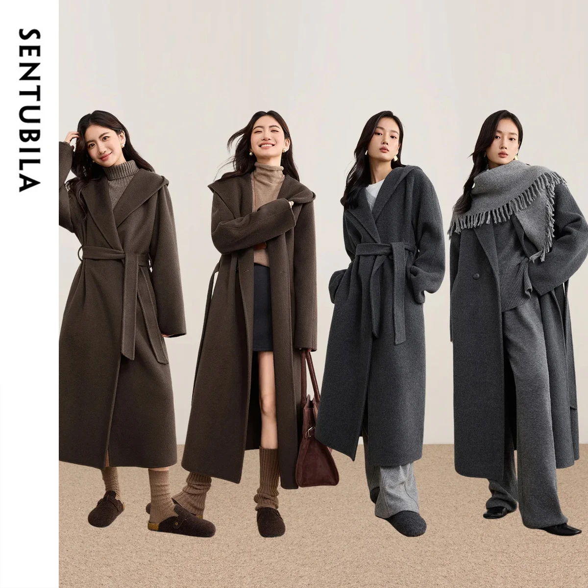 

SENTUBILA женское двустороннее пальто из 100% шерсти, зима 2025 года, длинный халат с капюшоном, стильное пальто, теплое пальто с заниженными плечами W54OC2736