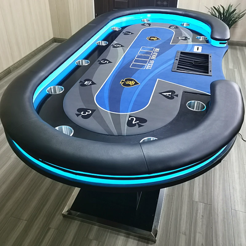 

10 Players Casino Poker Table with LED lights Custom Texas Hold'm Entertainment Gambling Wood Table 96 inch