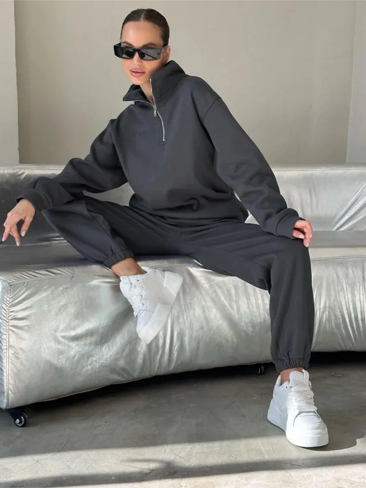 

Woman's Solid Color Half-open Collar Sweatshirt Suit Fashion Female Hoodie Long Pants Two-piece Set Autumn Winter Ladies Outfit
