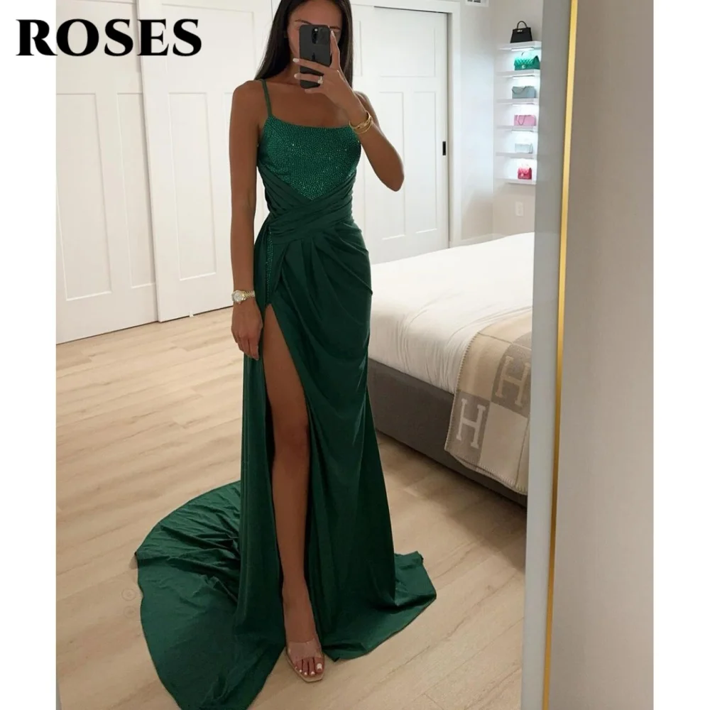 ROSES Green Sexy Prom Dress Gorgeous Beads Spaghetti Straps Prom Gown Satin Side High Split Formal Dresses for Woman Customized