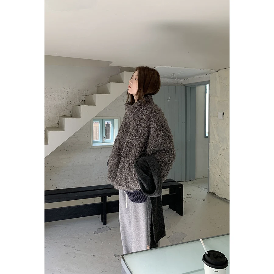 

HelloooEat Women's ort Fur Leather Jaet Stand Collar Circle Pattern Warm Retro Sle Polyester Fiber Long Sve Coat