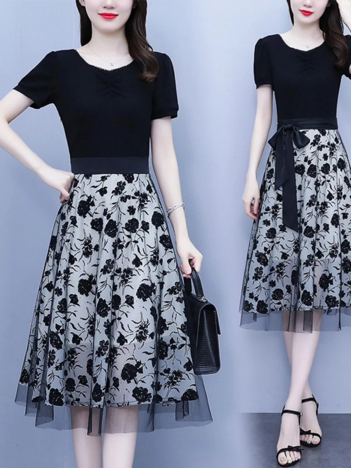 

Summer New plus Size Women's Dress Elegantly Printed Mesh Short Sleeve V-Neck Splice A-Line Midi Dress Commute Style Korean L...