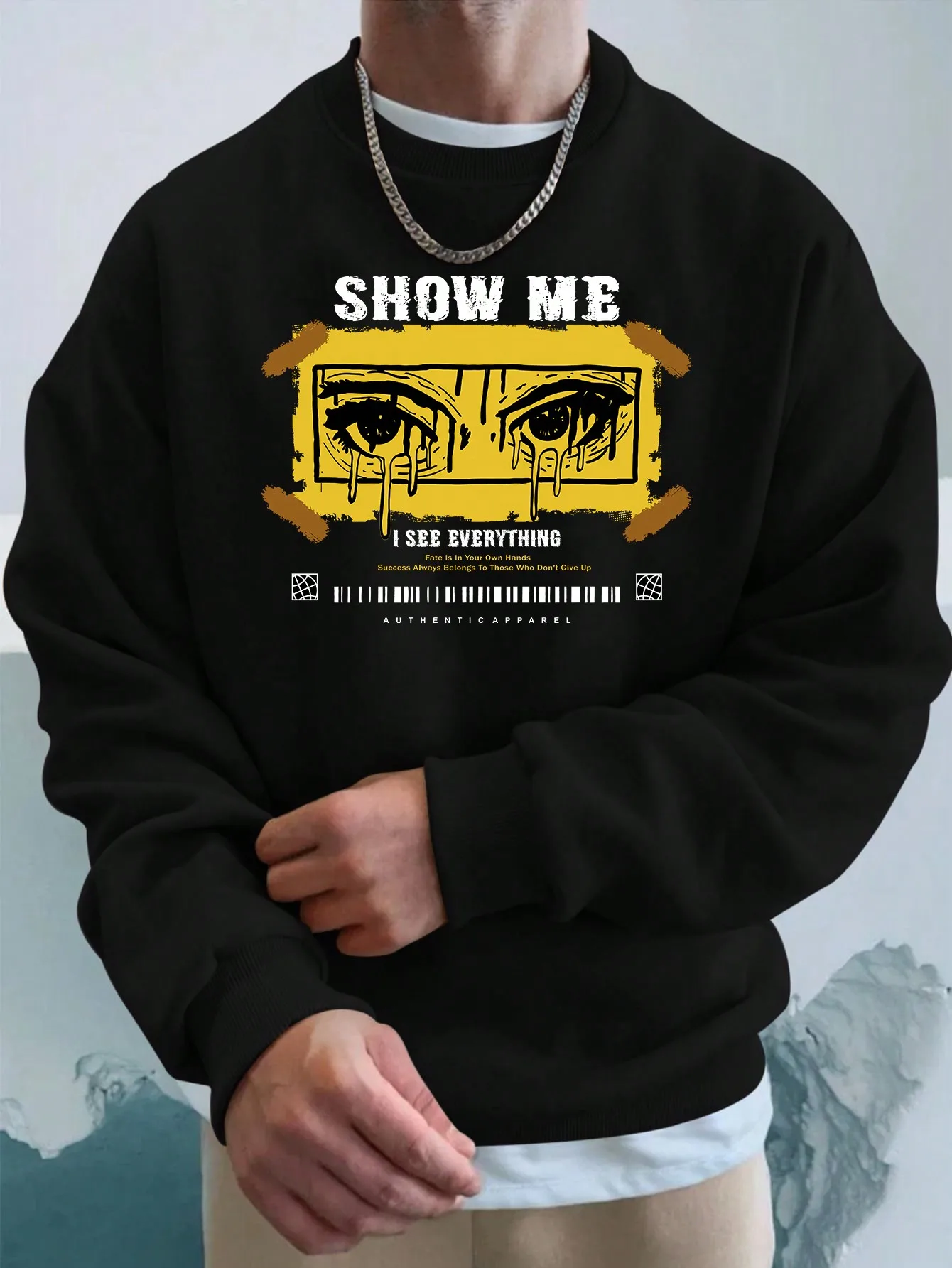 Show Me Yellow Tearful eyes Illustration Design Male Clothes Casual Crewneck Sweatshirts New Autumn Sportswear Oversized Tops