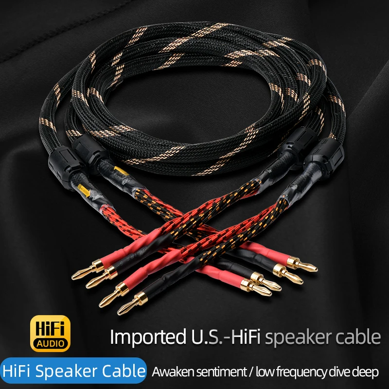 One pair HiFi Speaker Cable High Purity 6N OFC Core with Banana and Y 24K Gold Plug Hifi Horn Cable for Amplifier Speaker