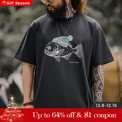 Maden Retro Deep Sea Fish Flocked Print T-shirt Animal Pattern Round Neck Short-sleeved Tops for Men's Summer Tee