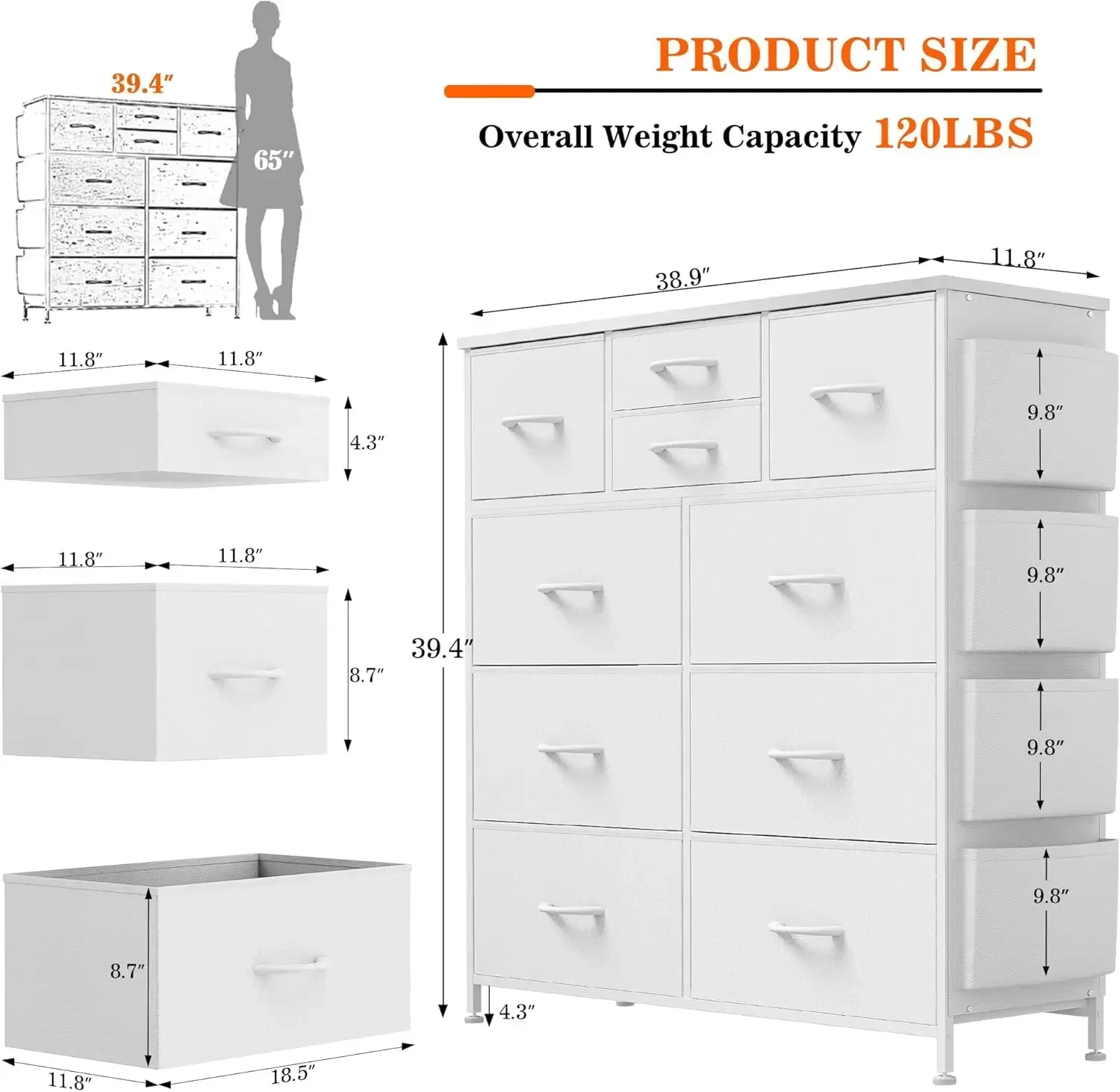 Kommode für Schlafzimmer mit 10 Schubladen, Kommode mit Seitentaschen und Haken, PU-Aufbewahrungskommode, Organizer-Einheit für das Wohnen