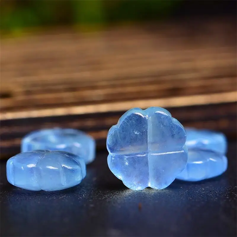 2PCS Natural Aquamarine Four Leaf Clover Carving Jewelry For Bracelet Reiki Healing Fengshui Stone DIY Accessories 12MM