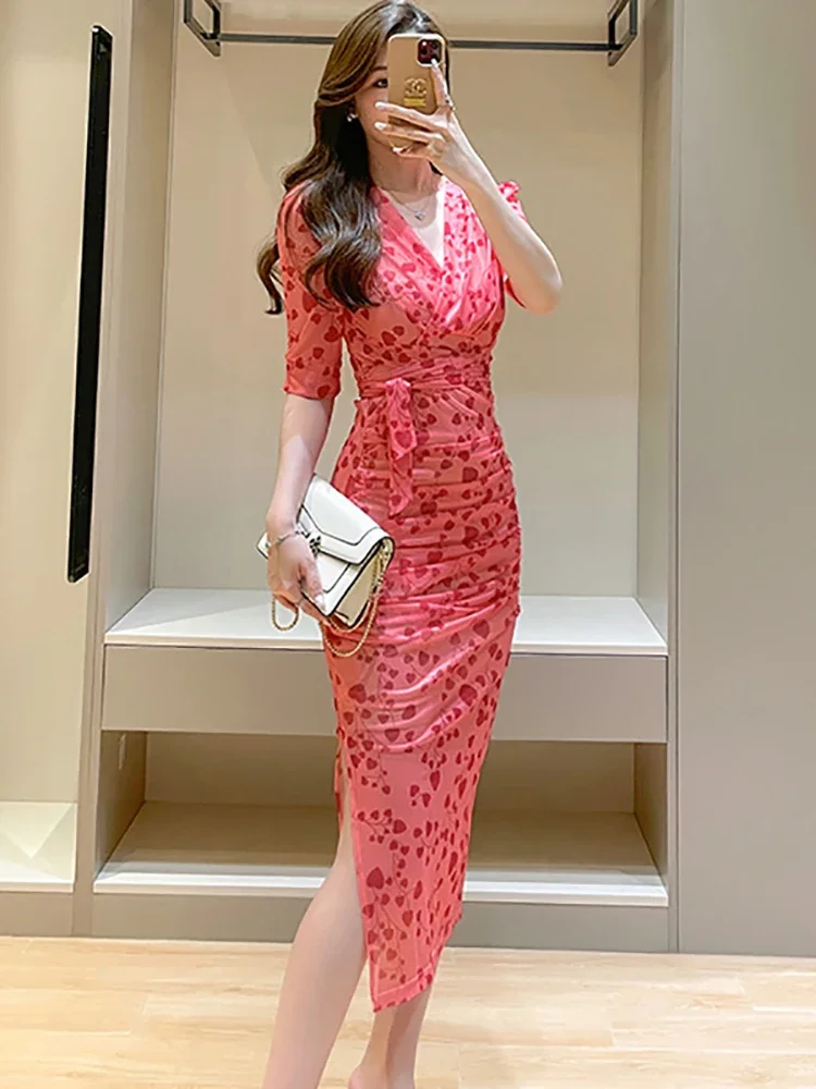 Women Pink Print Polka Dot Casual Long Dress Summer Short Sleeve Elegant Mesh Dress 2024 Korean Fashion Luxury Party Night Dress