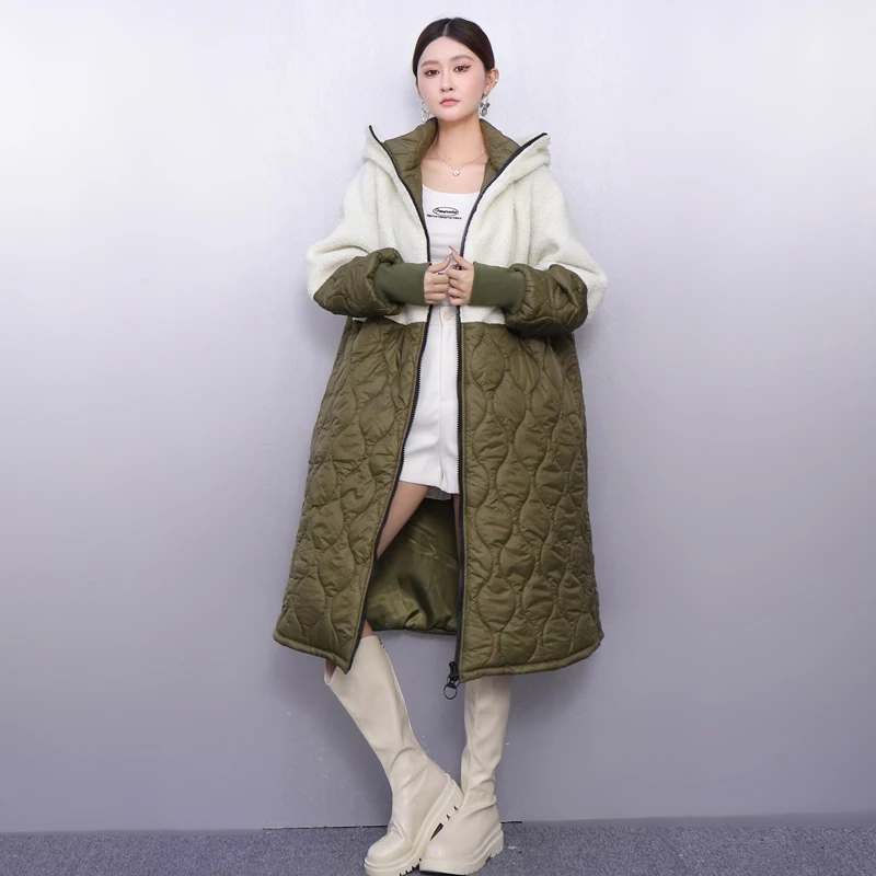 

SuperAen 2025 Winter New Women's Cotton-padded Jacket Loose Waist Hooded Contrast Color Fashion Casual Long Jackets