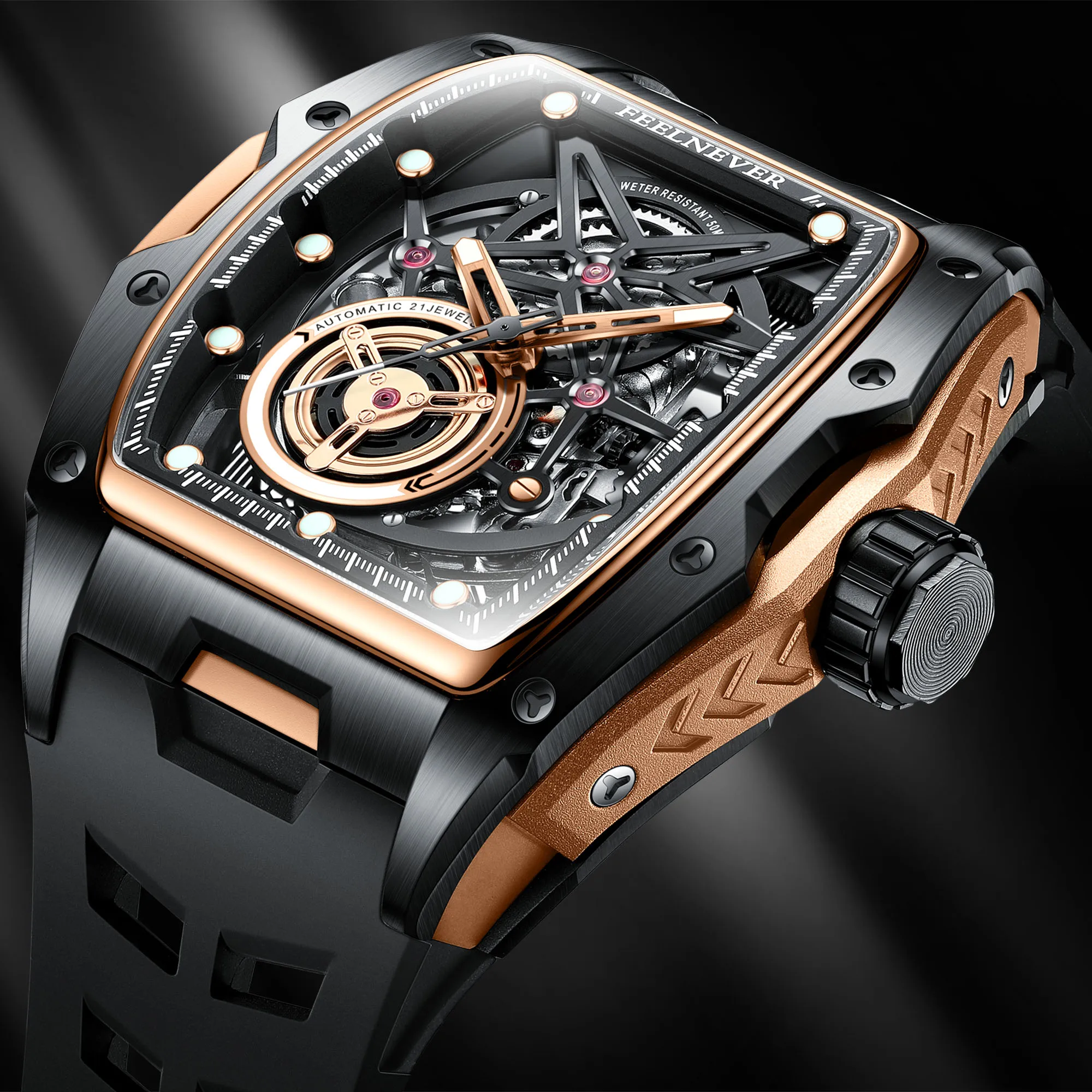 FeelNever Hollow Tourbillon Men's Watches Luxury Automatic Watch For Men Mechanical wristwatch Direction Sapphire Luminous Clock view 4