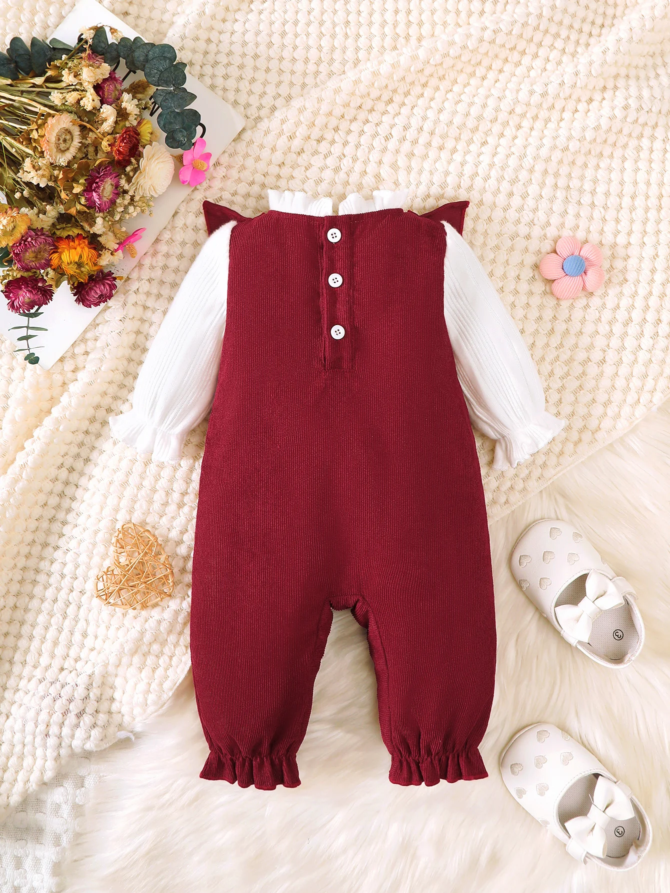 0-18 Months Baby Girl Jumpsuit Ruffle Bow Wine Red Long Sleeved Jumpsuit Suitable Cute Baby Girl Young Child Comfort Clothing