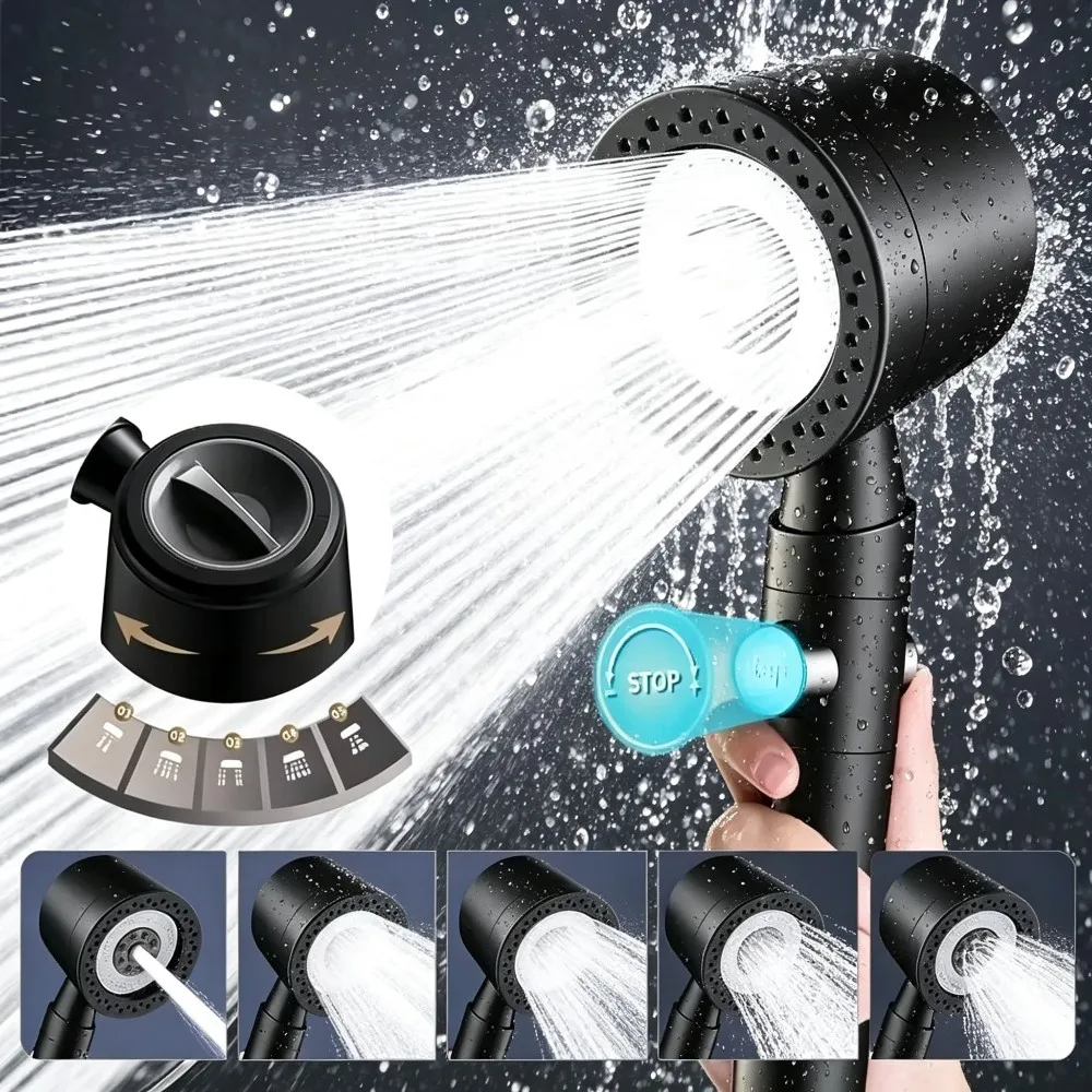 New High Pressure Water Saving Filter Shower Head 5 Modes Handheld Shower Head One Button Stop Bathroom Accessories Set