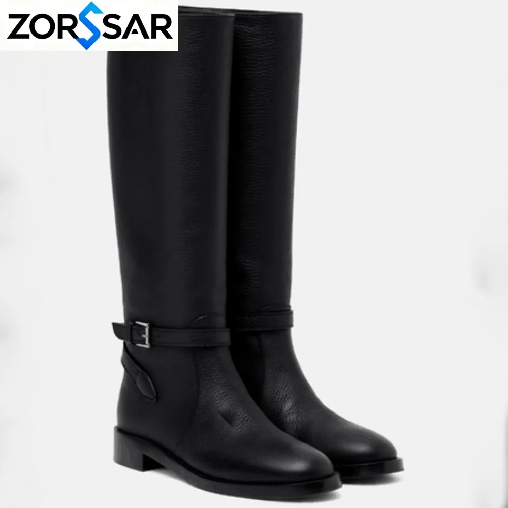 Designer Black Street Riding Boots Motorcycle Knight Boots Chunky Heel Casual Leather and Fiber Rider Shoes Lady Knee Botas