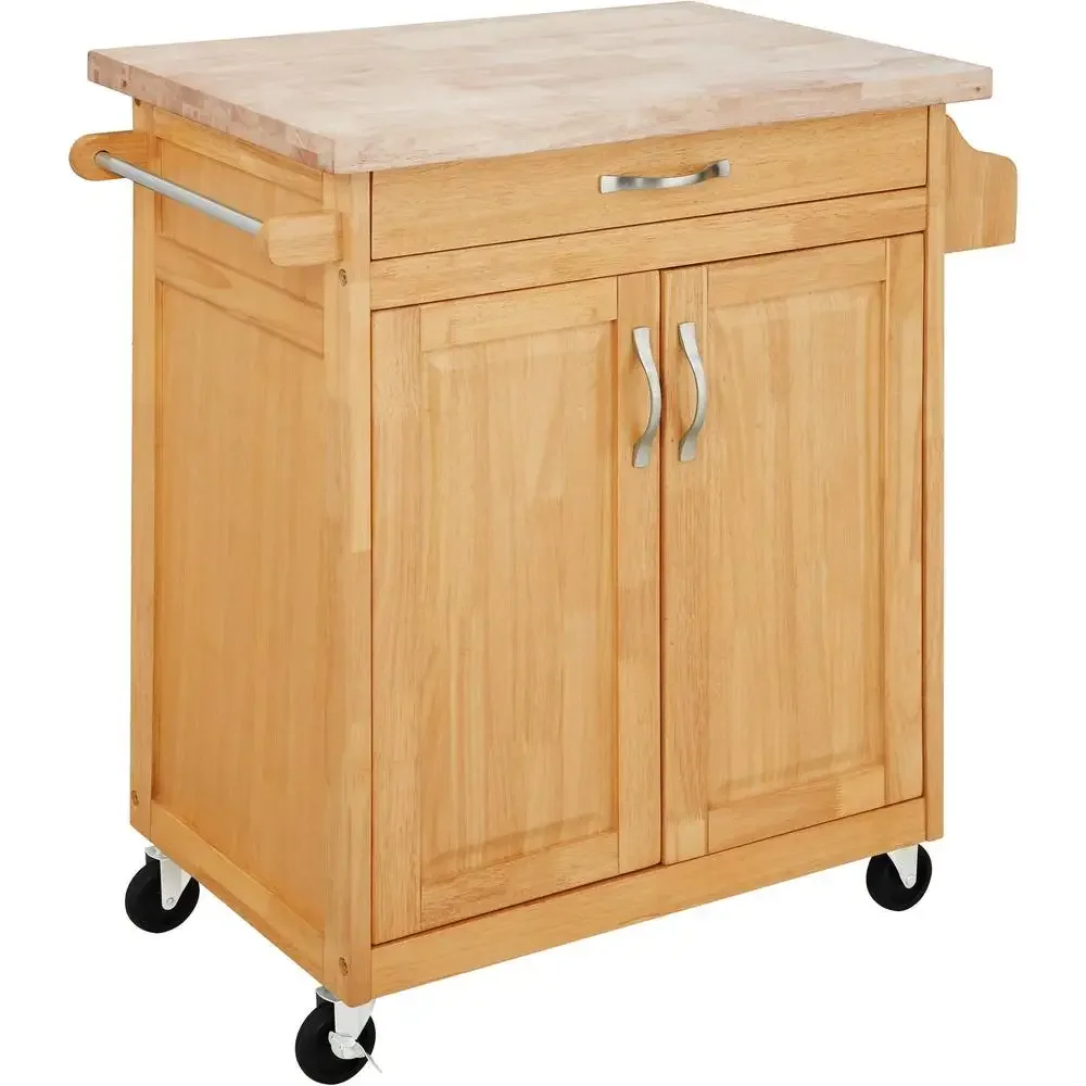 Kitchen Island Cart Storage Drawer Spice Rack Towel Bar Butcher Block Portable Natural Wood Top Multi-functional Transitional